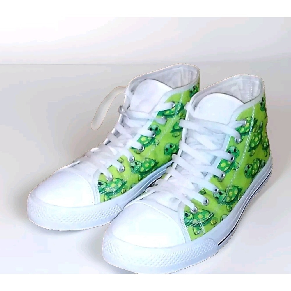 Unbranded Turtle Print High Top Sneakers Women 9 Green Canvas Lace Up Shoes